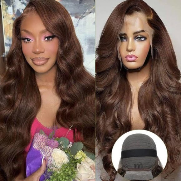 LAINSS Chocolate Brown Lace Front Wig Human Hair 180% Density Brown Body Wave 13